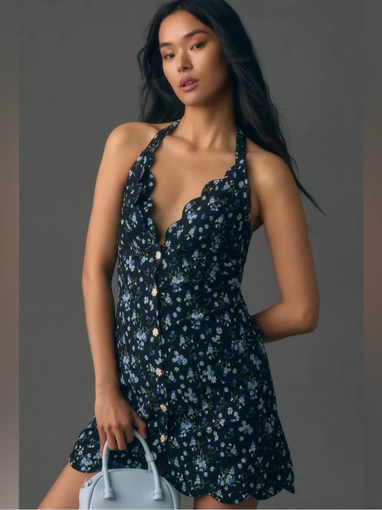 Free People Dresses & Skirts - Free People Black Halter Floral Mini Dress with Blue Accents